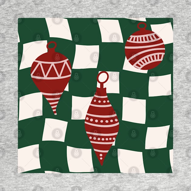 Abstract Checker Board with Christmas Tree Ornaments Cranberry Red and Forest Green by JuneNostalgia